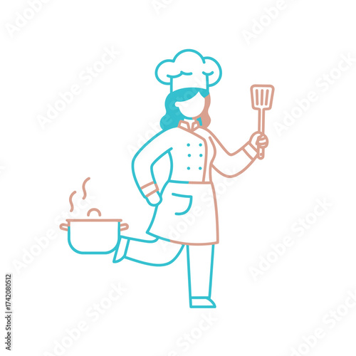 A dynamic line art illustration features a professional female chef in uniform, holding a spatula and steaming pot, symbolizing culinary skill and kitchen expertise.