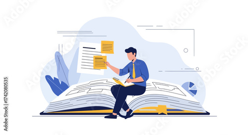 Analytic Businessman Concentrating on Book Reading and Taking Notes for Business Decisions