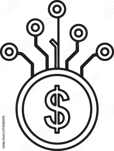 Vector art of digital currency concept with a dollar sign on a coin and connected circuits