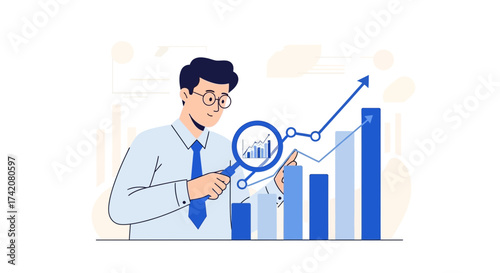 Analyzing Business Performance with Magnifying Glass Showing Positive Growth Statistics