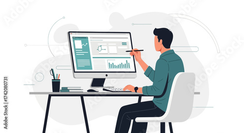 Analyzing Data: Efficient Workflow Illustrating a Person Working on a Computer