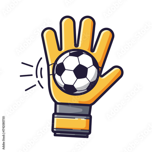 A vibrant cartoon illustration depicts a yellow goalkeeper glove expertly catching a classic black and white soccer ball, symbolizing sports, teamwork, and athletic achievement.