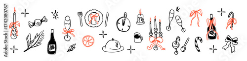 Set of hand drawn Christmas sketches. Decorative doodle elements with chalk, charcoal vintage texture such as bow, ribbon, stars, pine branch and candles. Contemporary naive vector illustration