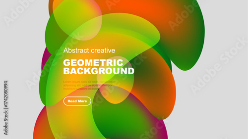 Vibrant overlapping shapes create dynamic background. Text promotes further exploration, modern design elements present.