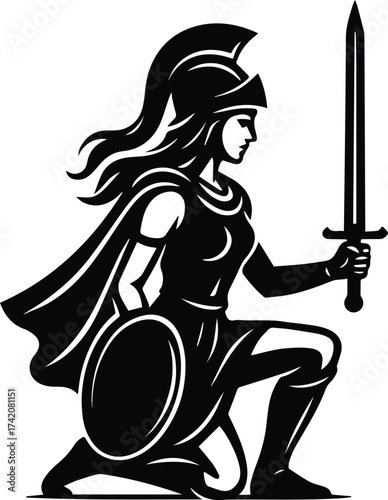 Female Knight | Kneeling Warrior Woman Silhouette | Medieval Sword design