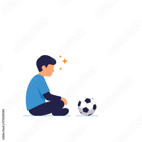 A young boy sits thoughtfully on the ground, gazing intently at a soccer ball, perhaps envisioning future play or a budding athletic dream.