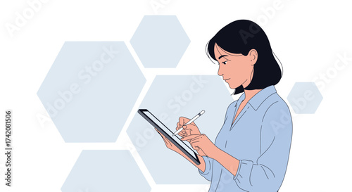 Artist Uses Digital Tablet And Stylus Designing With Polygonal Backgrounds