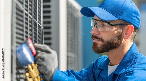 Professional HVAC technician blue uniform safety glasses inspecting outdoor air conditioner unit service repair work.