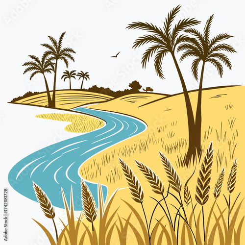 Vector art of idyllic tropical landscape featuring palm trees, a winding river, and golden fields, evoking a sense of tranquility and natural beauty in a vector illustration