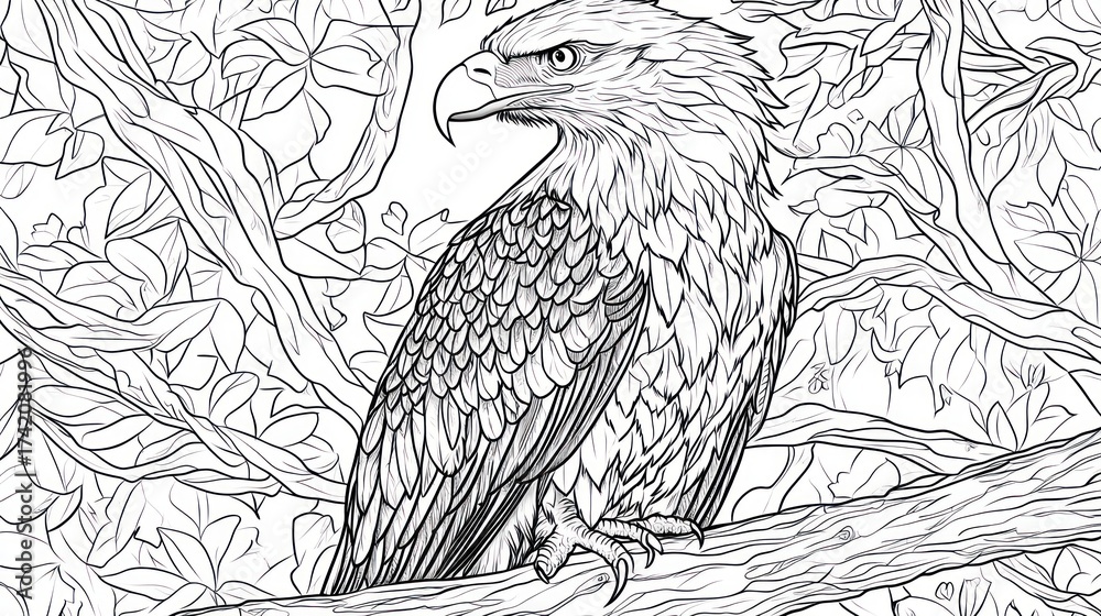 Naklejka premium Detailed line drawing of an eagle perched in a tree. Possible use Coloring book illustration