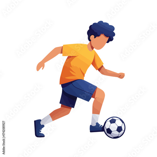 A vibrant vector illustration depicts an energetic young boy with curly hair skillfully dribbling a soccer ball during an outdoor game, showcasing youthful athleticism.