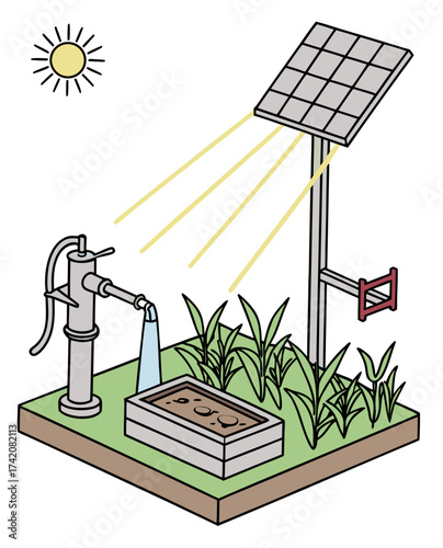 Illustration of a solar powered water pump irrigating crops, it showcases sustainable agriculture and renewable energy use in rural farming practices