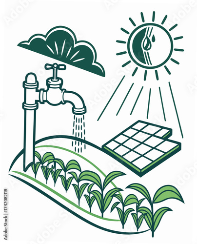 Illustration of a sustainable farm with solar panels, rainwater harvesting, and drip irrigation system a modern approach to agriculture and energy