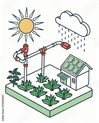 Vector art of isometric illustration of a sustainable farm with solar panels, rainwater harvesting, and drip irrigation system a modern approach to agriculture
