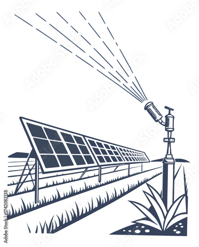 Illustration of a sustainable farm with solar panels and drip irrigation system a modern approach to agriculture and renewable energy