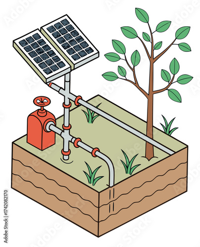 Vector art of solar powered water pump system, showcasing renewable energy for irrigation and sustainable agriculture with panels, pipes, and a tree in an isometric view