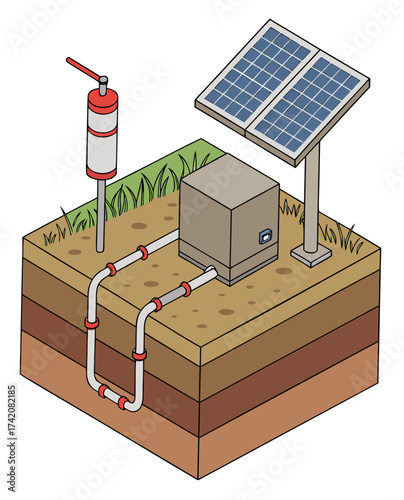 Vector art of solar powered water pump setup, depicting renewable energy for irrigation and sustainable agriculture with panels, pipes, and a control unit in isometric style