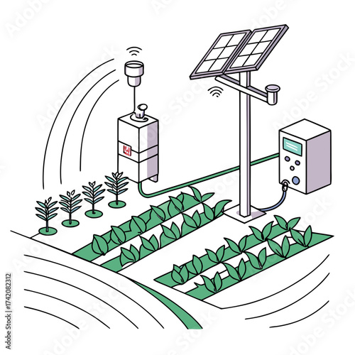 Illustration of a smart farm with solar panels, weather station, and automated irrigation system, showcasing technology in agriculture and sustainable farming practices