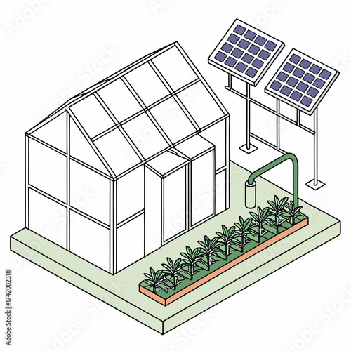 Vector art of isometric illustration of a greenhouse powered by solar panels, showcasing sustainable agriculture and renewable energy, a modern and ecofriendly approach