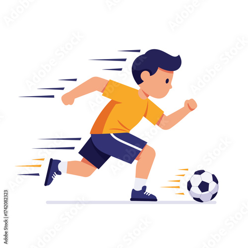 Vibrant illustration shows a young boy with dark hair swiftly running and skillfully dribbling a soccer ball, emphasizing speed and youthful sport.