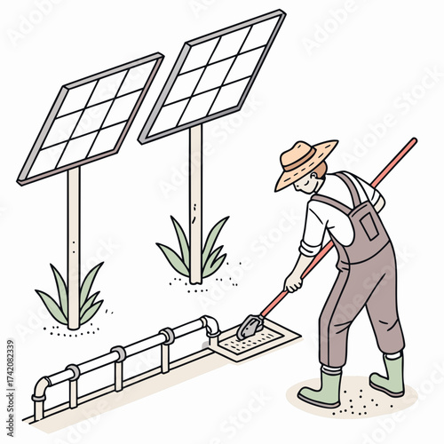 Vector art of a farmer in overalls and a straw hat is shown cleaning a water filtration system that is powered by solar panels, showcasing sustainable agriculture and renewable energy sources