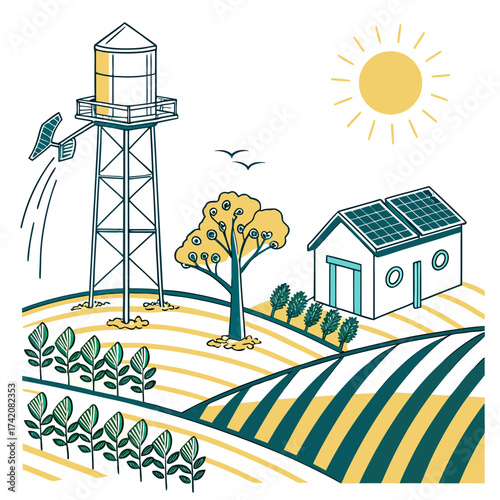 Vector art of illustration depicting sustainable farming practices with solar panels, windmill, and water tower, showcasing ecofriendly agriculture and renewable energy integration