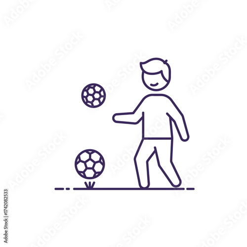 A minimalist line art icon portrays a cheerful individual actively participating in a soccer game, emphasizing recreational activity and athletic enjoyment.