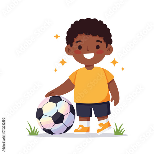 A cheerful young African American boy with curly hair smiles brightly while standing proudly next to a soccer ball, ready for an exciting game on the field.