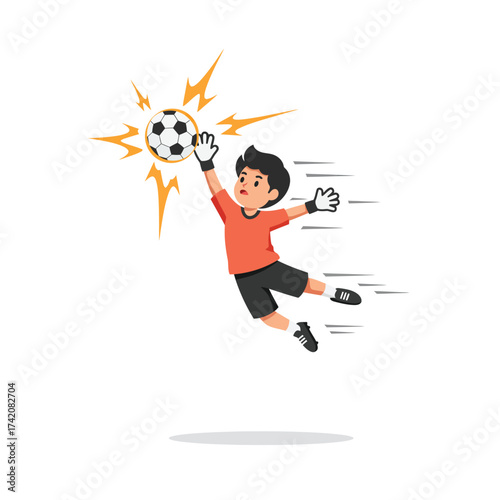 A dynamic cartoon boy goalkeeper makes a spectacular mid-air save, diving with agility to catch the fast-approaching soccer ball during an intense game.