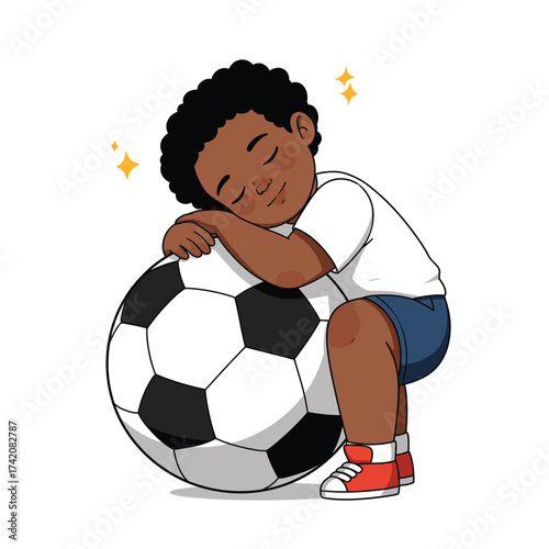 An adorable young Black boy, with a peaceful expression, sweetly sleeps while embracing his beloved soccer ball, dreaming of future triumphs on the field.
