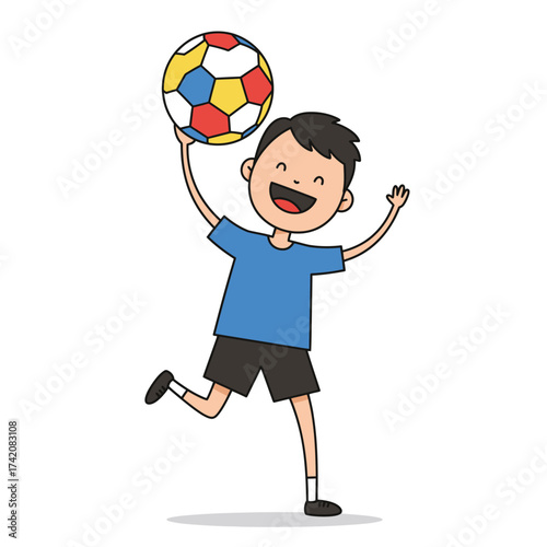 A cheerful cartoon boy, full of joy and energy, happily holds a vibrant, multi-colored soccer ball above his head, ready for fun and play.