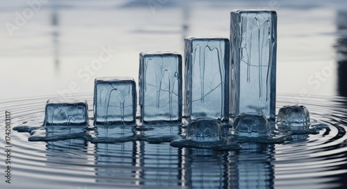 Growth concept Ice cubes arranged in a bar graph shape melting in water, symbolizing business progress and market trends