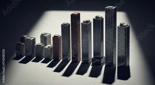 Abstract conceptual bar chart made of icy blocks melting in the sunlight creating water reflection patterns and textures representing business statistics