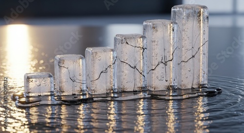 A financial bar chart made of melting and cracking ice under a warm light, symbolizing a fragile economy and business crisis