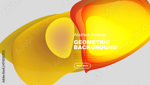 Abstract yellow, orange layers create dynamic geometric background. Text invites viewers to explore further. Simple, modern design.