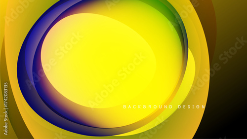 Abstract vibrant layers form circular design. Yellow dominates, blending into green, purple, orange. Black background enhances color contrast.