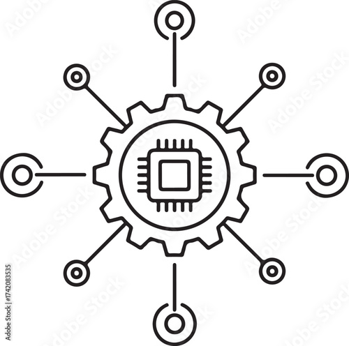 Vector art of central gear with a microchip and radiating connections to nodes