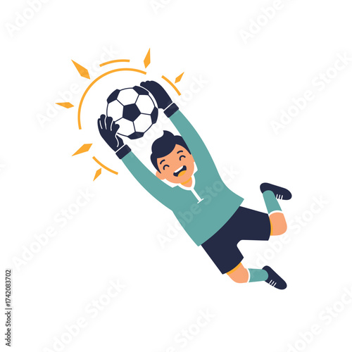 A cheerful cartoon goalkeeper makes an impressive mid-air dive, successfully catching a shining soccer ball with determination, symbolizing athletic prowess and victory.