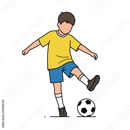 A cheerful young child, dressed in a vibrant yellow shirt and blue shorts, energetically kicks a soccer ball, symbolizing active childhood and recreational play.
