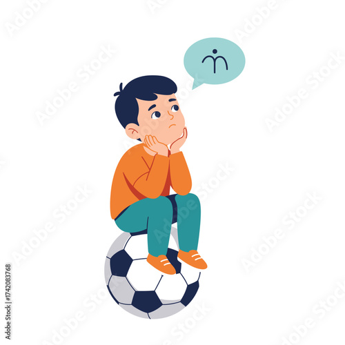 A thoughtful young boy sits atop a classic black and white soccer ball, gazing upwards while imagining future athletic endeavors.