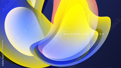 Abstract fluid shapes overlap, creating vibrant color blends. Yellows, blues, whites dominate dark background. Modern design element.