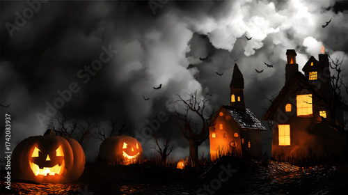 A spooky night scene featuring a haunted house silhouette against a full moon, surrounded by dark clouds and flying bats.