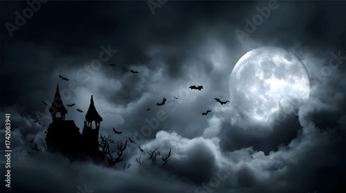 A spooky night scene featuring a haunted house silhouette against a full moon, surrounded by dark clouds and flying bats.