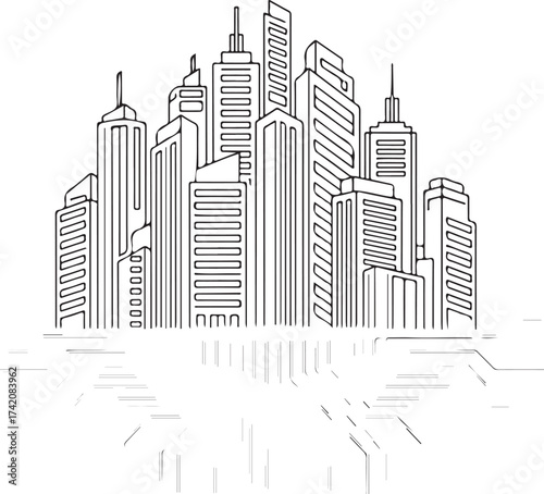 Vector art of outline drawing of a modern city skyline with tall skyscrapers