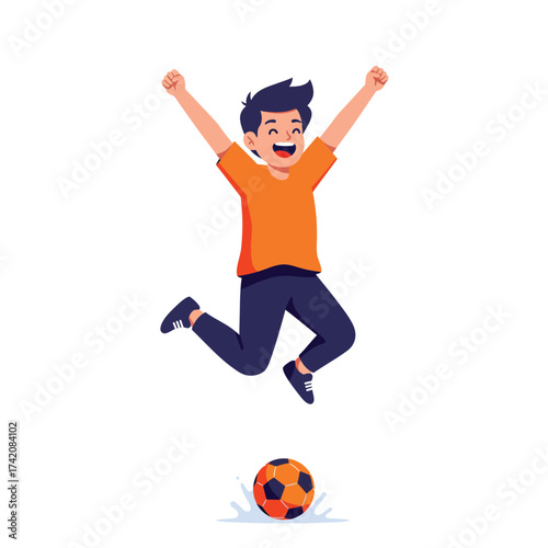 An energetic cartoon boy in an orange t-shirt jumps excitedly, celebrating a triumphant moment after scoring a goal in a soccer match.
