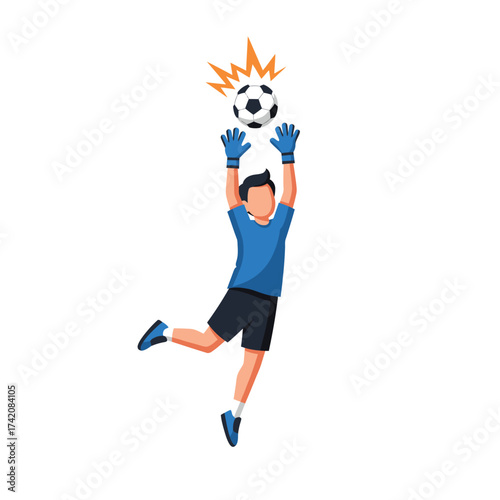An energetic vector illustration captures a soccer goalkeeper making a dramatic jump to block an incoming ball, showcasing intense athletic skill and game action.