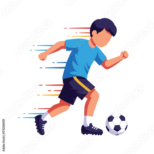 A dynamic vector illustration features a young boy in a blue shirt swiftly dribbling a soccer ball, emphasizing energetic movement and the joy of youth play.