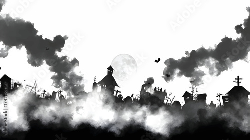A spooky night scene featuring a haunted house silhouette against a full moon, surrounded by dark clouds and flying bats.