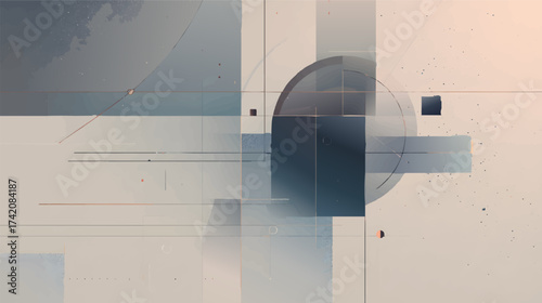 An abstract composition featuring geometric shapes, lines, and curves in a modern design with a dark color palette and hints of orange