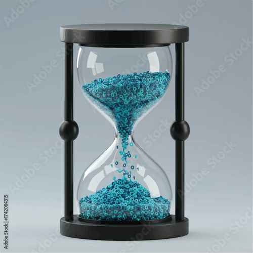 Hourglass filled with blue binary code against a gray background